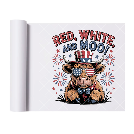 Red White And Moo Highland Cow - Direct Print Film Transfer for Trendy T-Shirts, Cotton, Polyester & Blends - High-Quality Print