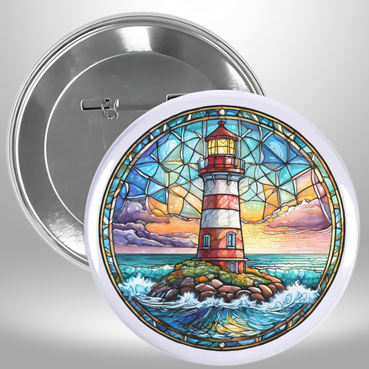 Lighthouse Stained Glass Crashing Waves Pinback Button