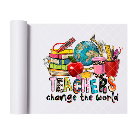 Teachers Change The World Apple - Direct Print Film Transfer for T-Shirts, Cotton, Polyester & Blends - High-Quality Print