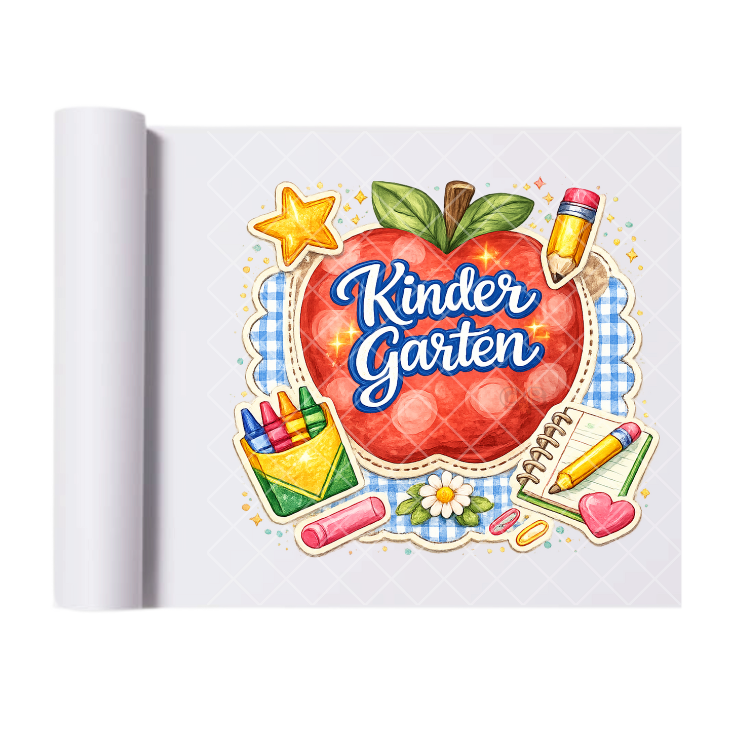 Kindergarten Apple & Pencils - Direct Print Film Transfer for T-Shirts, Cotton, Polyester & Blends - High-Quality Print