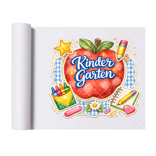 Kindergarten Apple & Pencils - Direct Print Film Transfer for T-Shirts, Cotton, Polyester & Blends - High-Quality Print