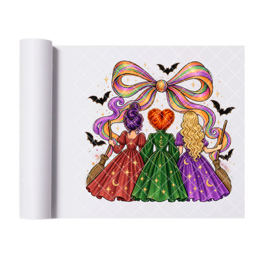 Three Hocus Pocus Witches and Bow - Ready To Press Print Transfer for Apparel, Cotton, Polyester & Blends - High-Quality Print- Commercial Grade