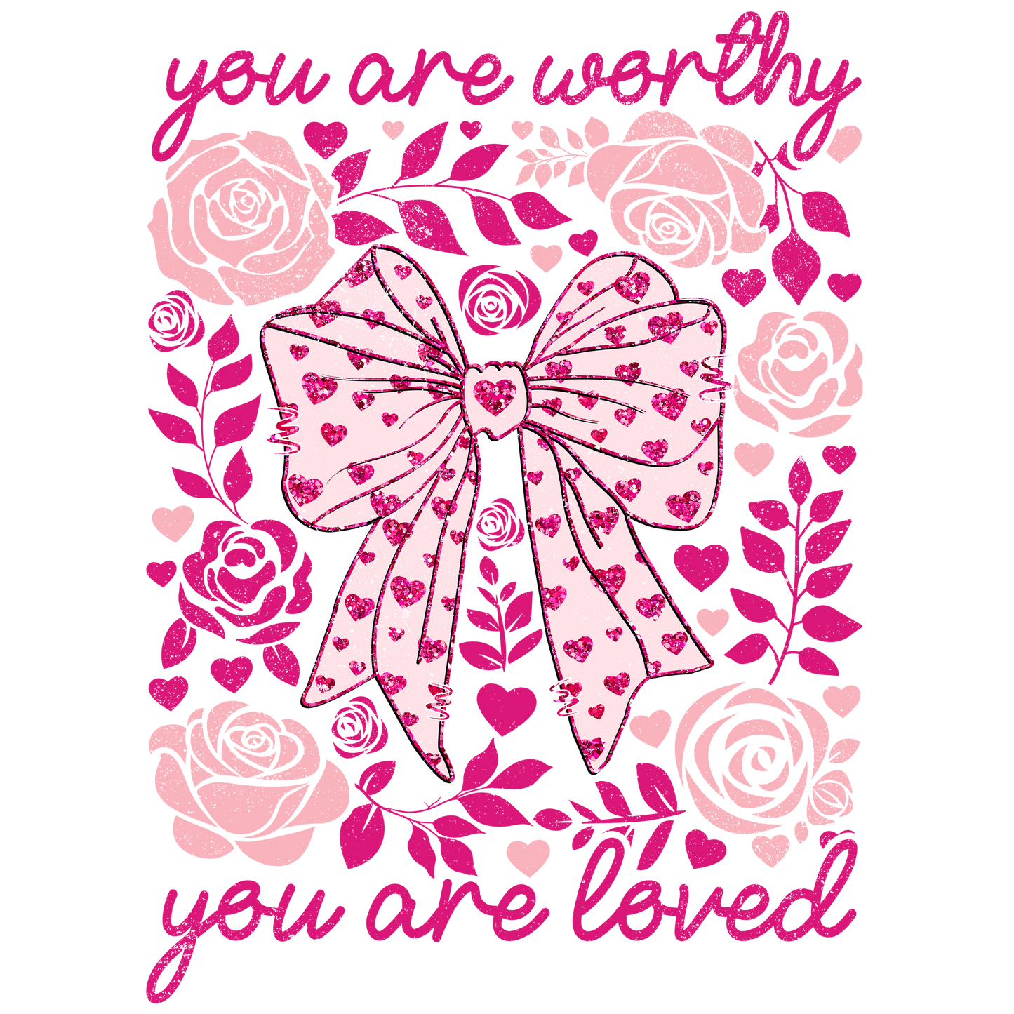 Worthy and loved bow roses and hearts PNG