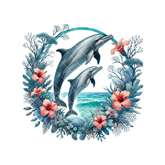 Dolphins Circular floral wreath PNG