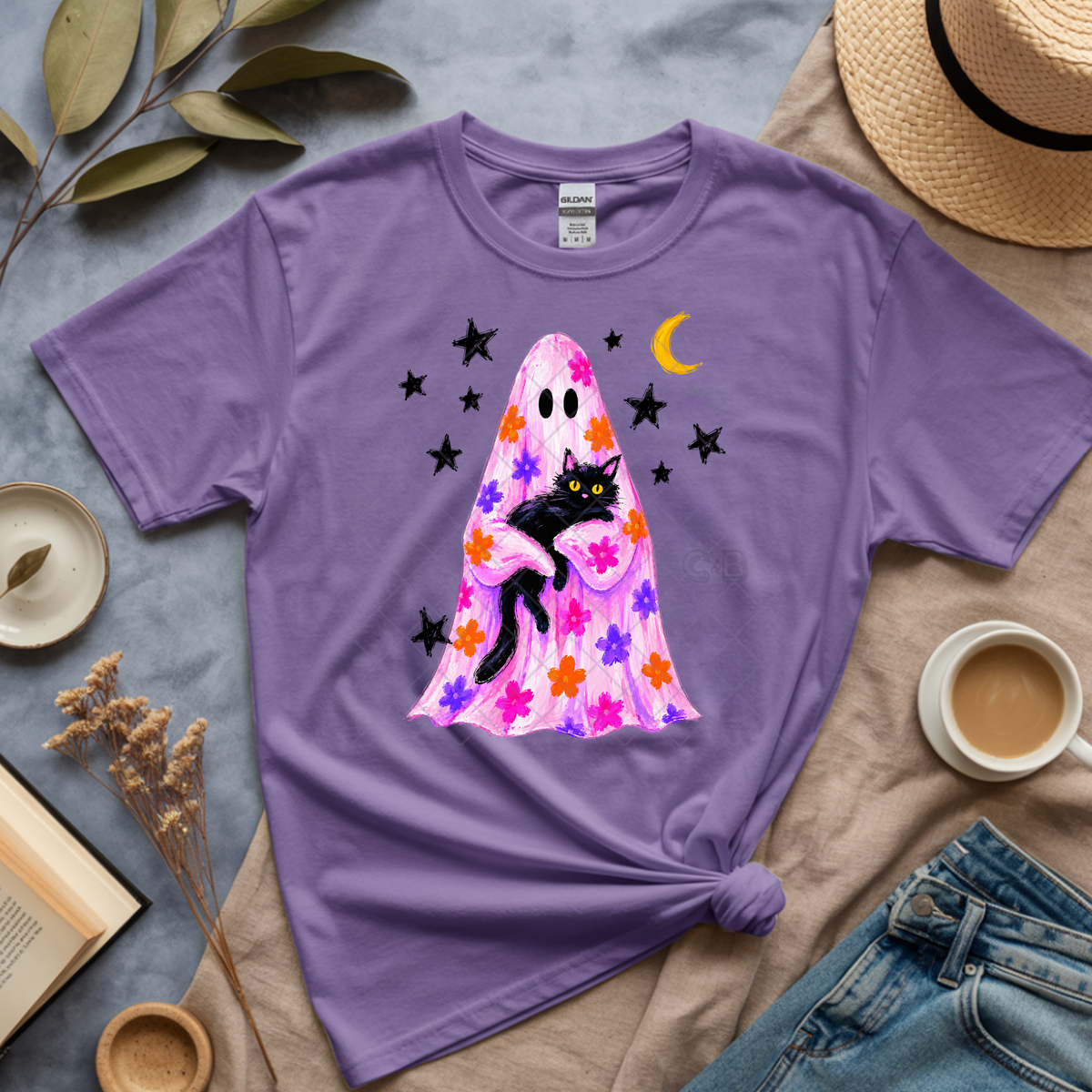 Paint Ghost and Black Cat - Premium Graphic T-Shirt for Casual Wear