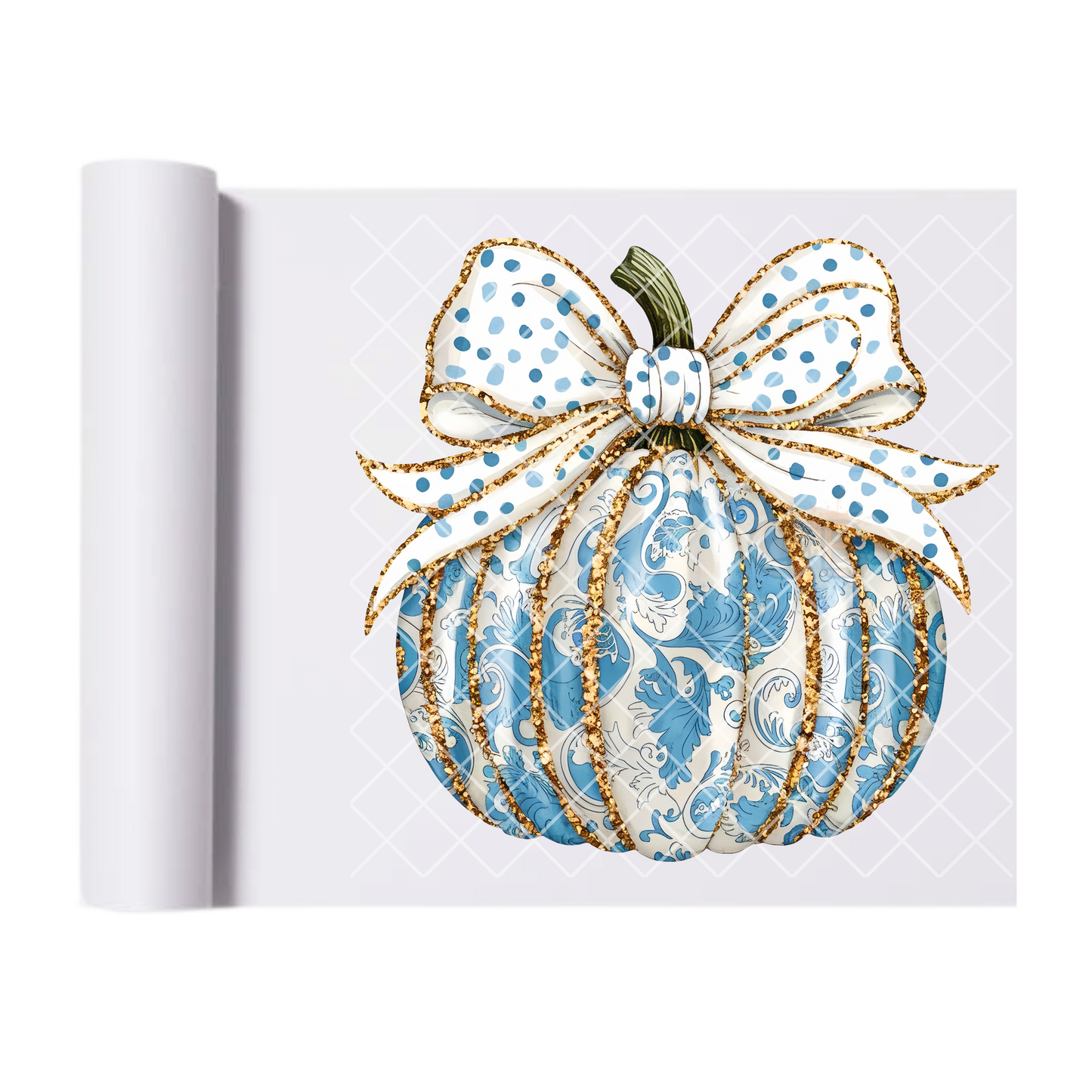 Blue Ornate Pattern Pumpkin With Bow DTF Transfer