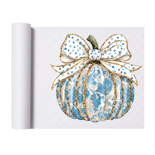 Blue Ornate Pattern Pumpkin With Bow DTF Transfer