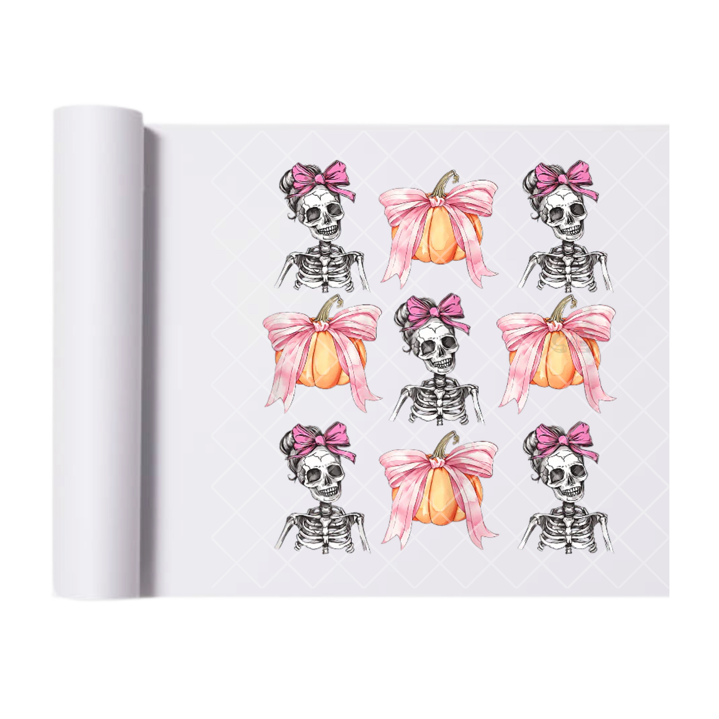 Pink Bow Skelly Pumpkin - Ready To Press Print Transfer for Apparel, Cotton, Polyester & Blends - High-Quality Print- Commercial Grade