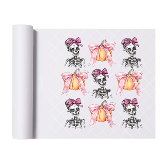 Pink Bow Skelly Pumpkin - Ready To Press Print Transfer for Apparel, Cotton, Polyester & Blends - High-Quality Print- Commercial Grade