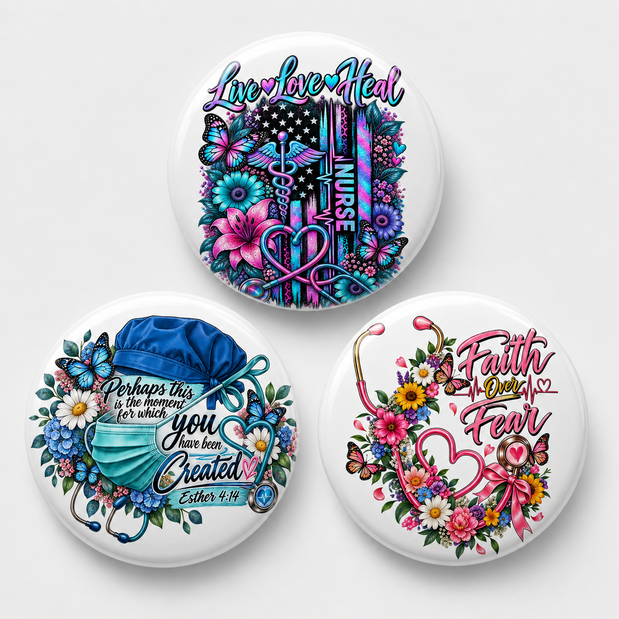 Nurse Faith & Flourish Pinback Buttons 3-Pack