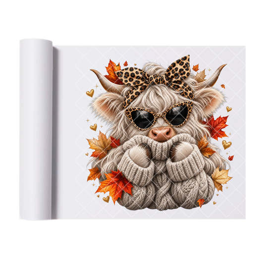 Highland Cow In Fall Sweater - Ready To Press Print Transfer for Apparel, Cotton, Polyester & Blends - High-Quality Print- Commercial Grade