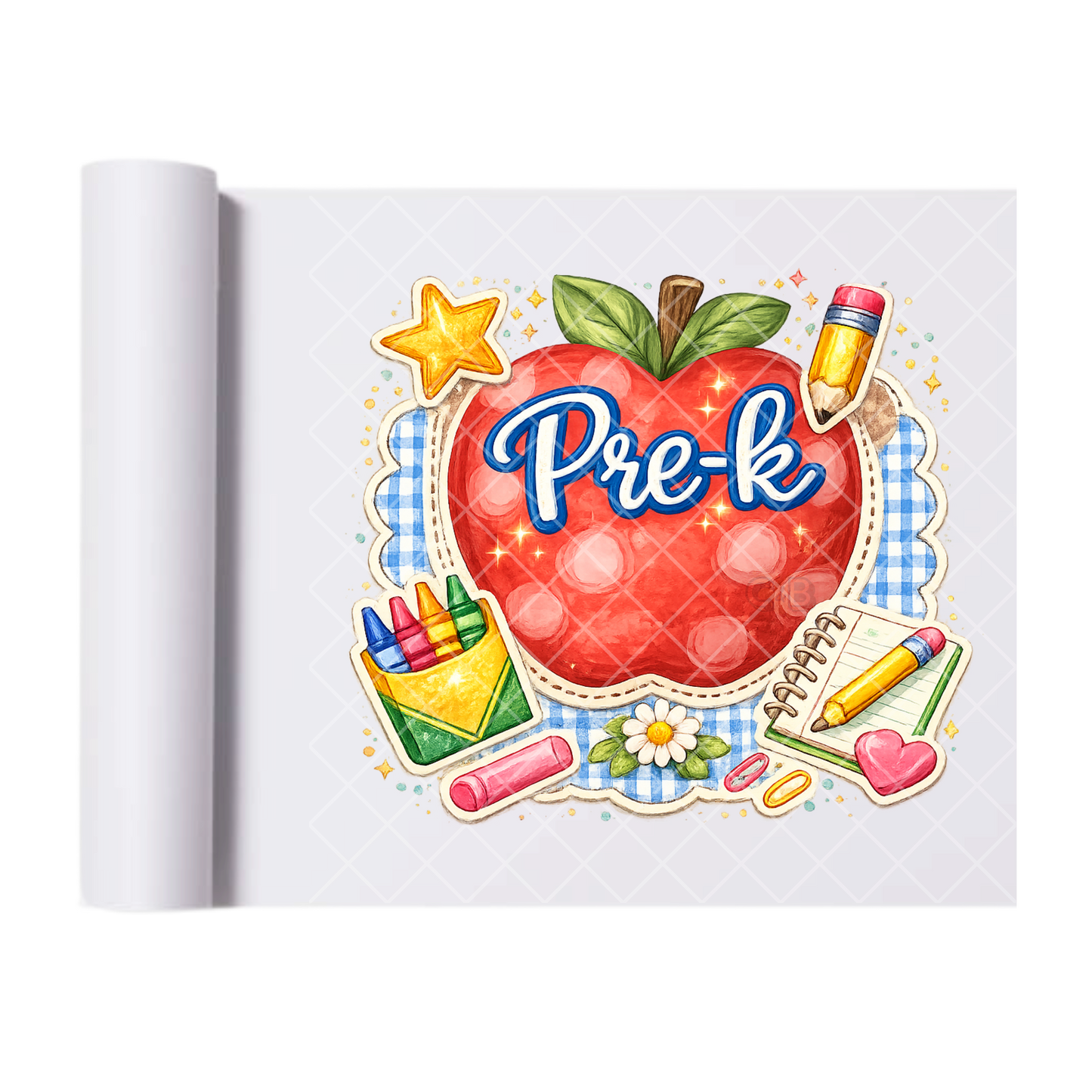 Pre-K Apple & Pencil - Direct Print Film Transfer for T-Shirts, Cotton, Polyester & Blends - High-Quality Print
