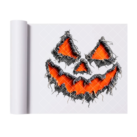 Frayed Fabric Jack-o’-Lantern Face - Ready To Press Print Transfer for Apparel, Cotton, Polyester & Blends - High-Quality Print- Commercial Grade