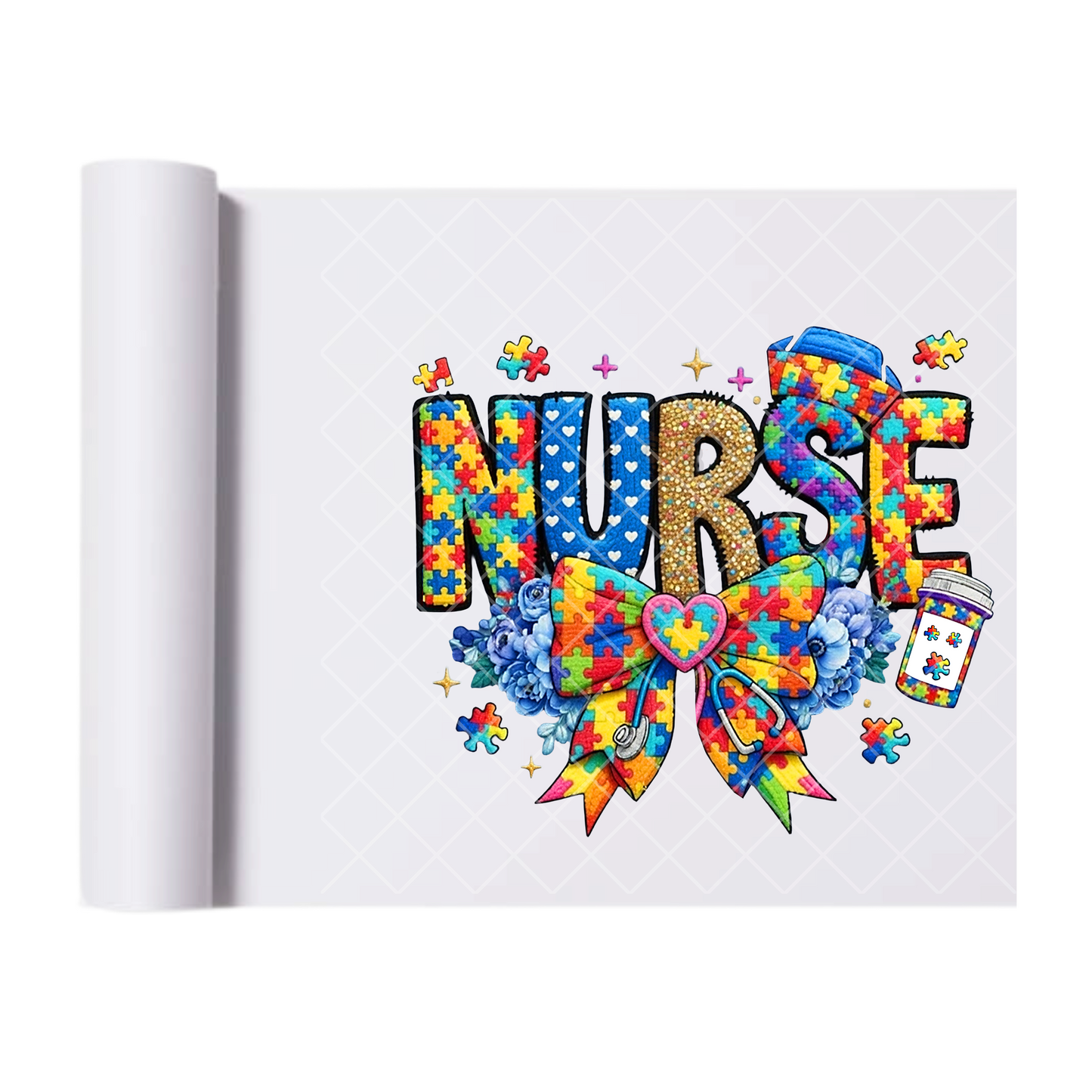Nurse Autism Awareness Bow - Direct Print Film Transfer for T-Shirts, Cotton, Polyester & Blends - High-Quality Print