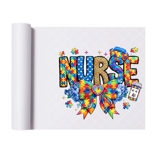 Nurse Autism Awareness Bow - Direct Print Film Transfer for T-Shirts, Cotton, Polyester & Blends - High-Quality Print
