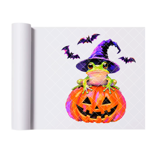 Witch Frog on Pumpkin - Ready To Press Print Transfer for Apparel, Cotton, Polyester & Blends - High-Quality Print- Commercial Grade