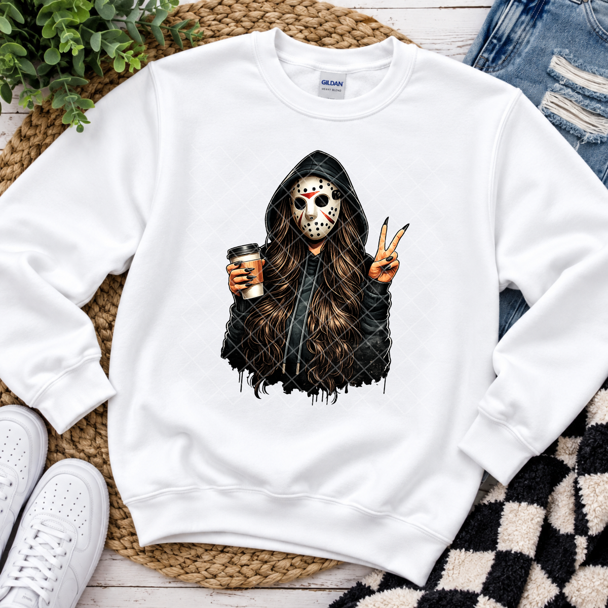 Masked Horror-Chic Coffee Portrait - Premium Graphic T-Shirt for Casual Wear