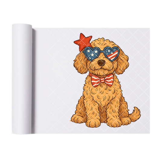 Pup with Flag Shades Red Star - Direct Print Film Transfer for Trendy T-Shirts, Cotton, Polyester & Blends - High-Quality Print