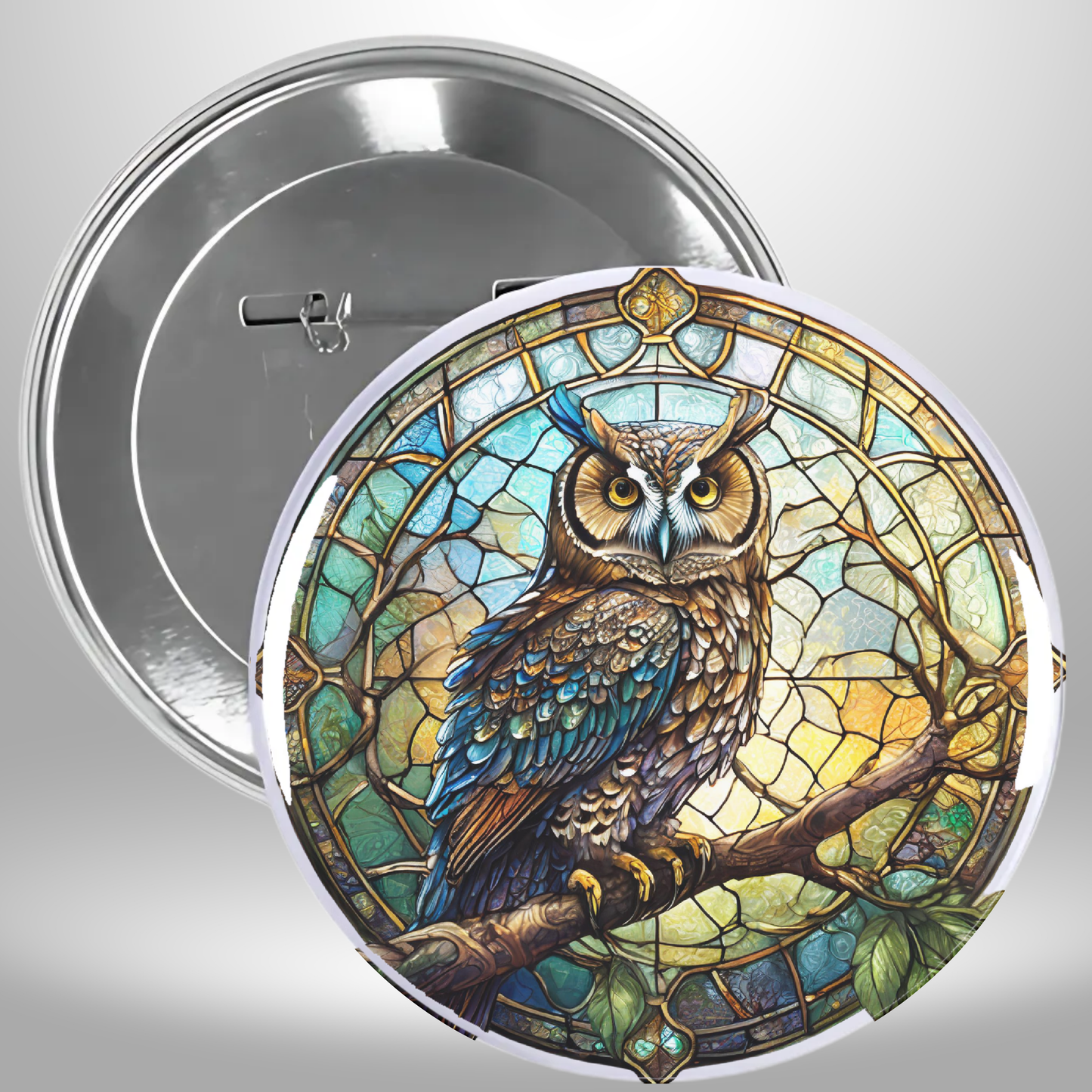Owl Stained Glass Pinback Button