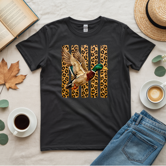 Leopard Print Lines and Mallard Duck - Premium Graphic T-Shirt for Casual Wear