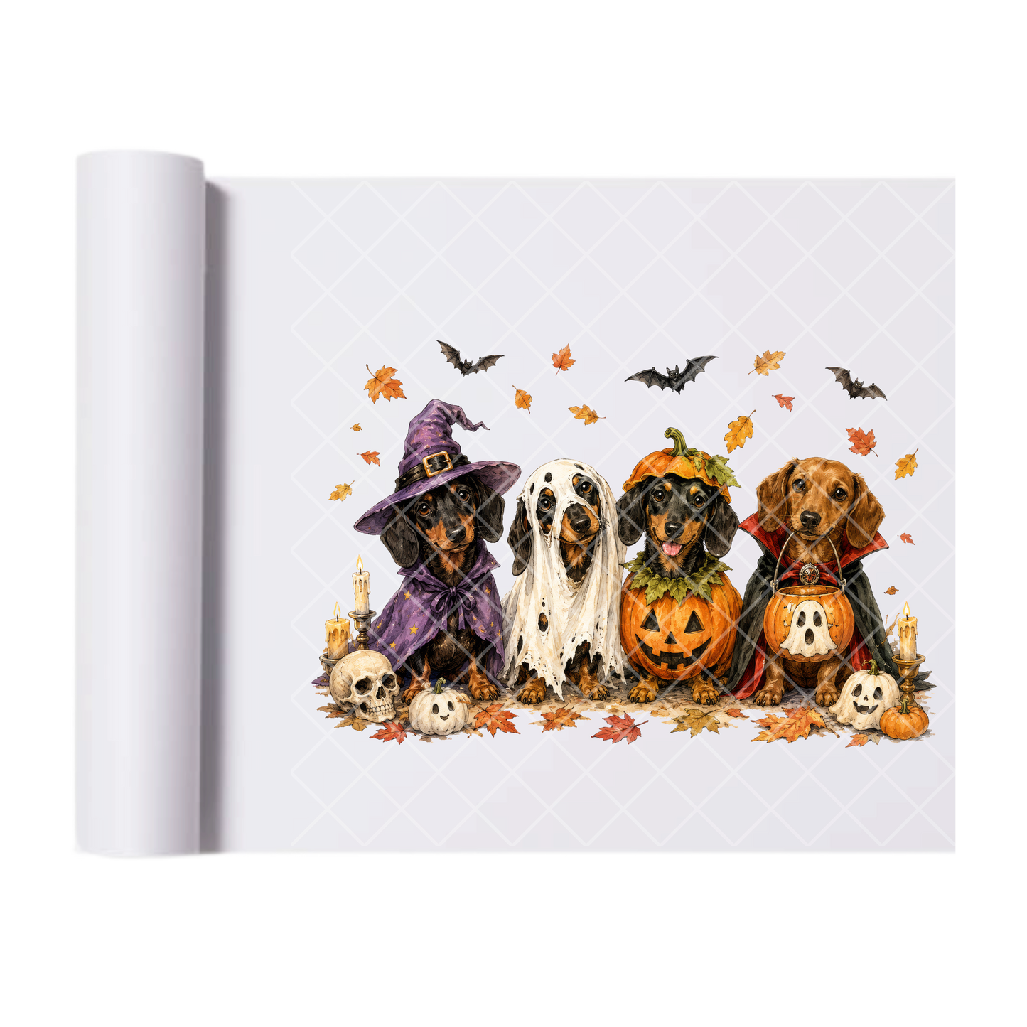 Halloween Trick or Treat Dachshunds - Direct Transfer Print, Ready To Press For T-Shirts, Cotton, Polyester & Blends - Tshirt Business Quality