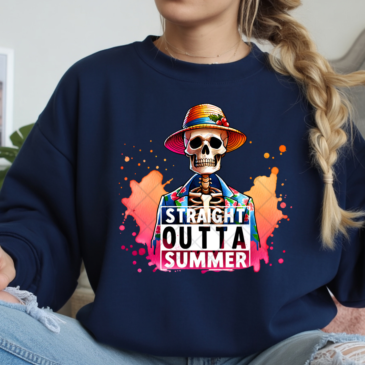 Watercolor Stright Outta Summer Skelly - Premium Graphic T-Shirt for Casual Wear