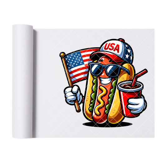 USA Hotdog Guy With Flag - Direct Print Film Transfer for Trendy T-Shirts, Cotton, Polyester & Blends - High-Quality Print