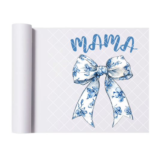 Blue and white mama bow DTF film t shirt transfer