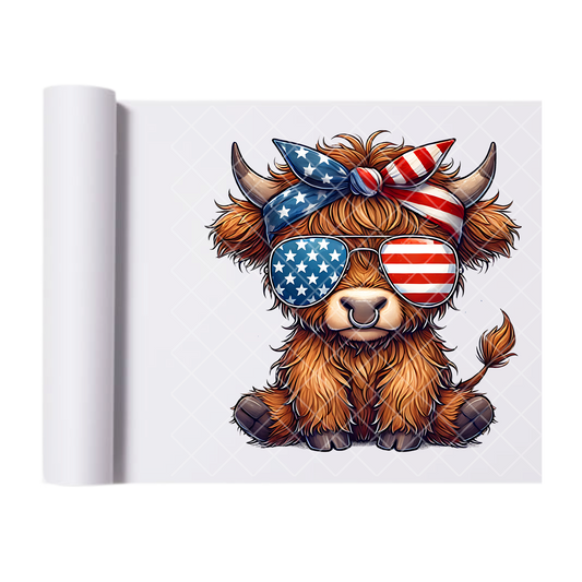 Highland Cow Patriotic Glasses - Direct Print Film Transfer for Trendy T-Shirts, Cotton, Polyester & Blends - High-Quality Print