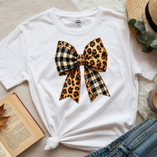 Leopard and Checkered Bow - Premium Graphic T-Shirt for Casual Wear