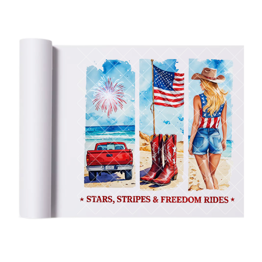 Stars Stripes & Freedom Rides - Direct Transfer Print, Ready To Press For T-Shirts, Cotton, Polyester & Blends - Tshirt Business Quality