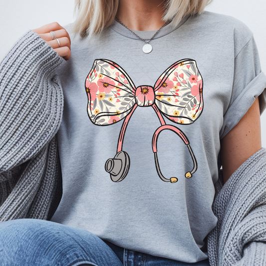 Blue Floral Nurse Bow - Premium Graphic T-Shirt for Casual Wear