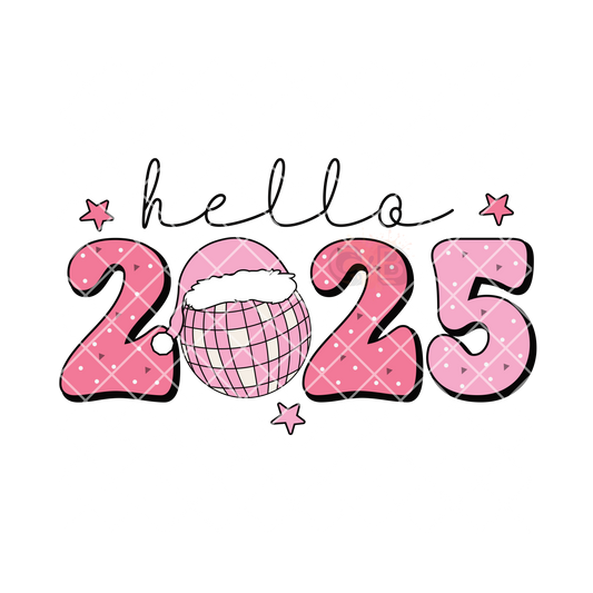 Hello 2025 pink disco ball PNG