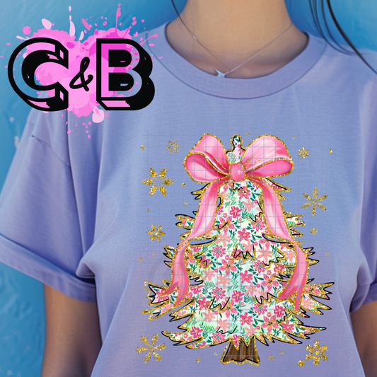 Christmas Tree Pink Bow Florel Pattern T-Shirt