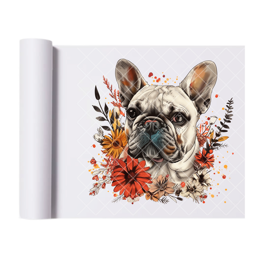 Floral Arrangement Frenchie - Direct Print Film Transfer for Trendy T-Shirts, Cotton, Polyester & Blends - High-Quality Print