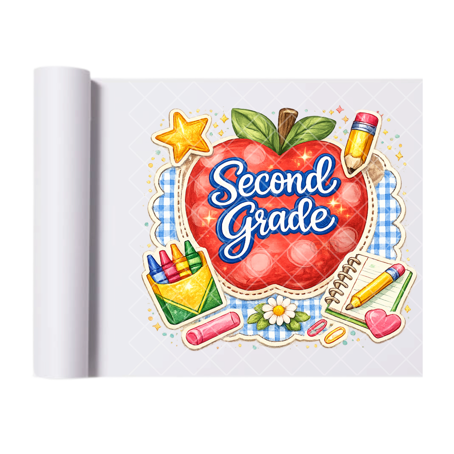 Second Grade Apple & Pencils - Direct Print Film Transfer for T-Shirts, Cotton, Polyester & Blends - High-Quality Print
