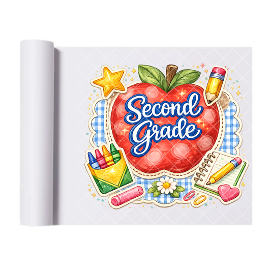 Second Grade Apple & Pencils - Direct Print Film Transfer for T-Shirts, Cotton, Polyester & Blends - High-Quality Print