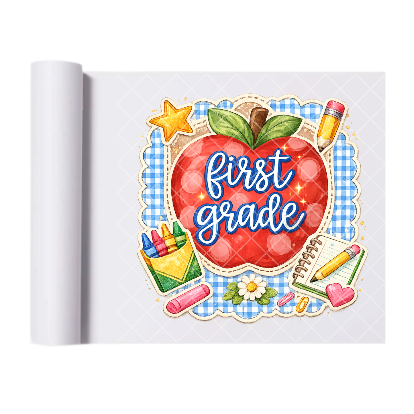 First Grade Apple & Pencils - Direct Print Film Transfer for T-Shirts, Cotton, Polyester & Blends - High-Quality Print