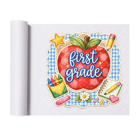 First Grade Apple & Pencils - Direct Print Film Transfer for T-Shirts, Cotton, Polyester & Blends - High-Quality Print
