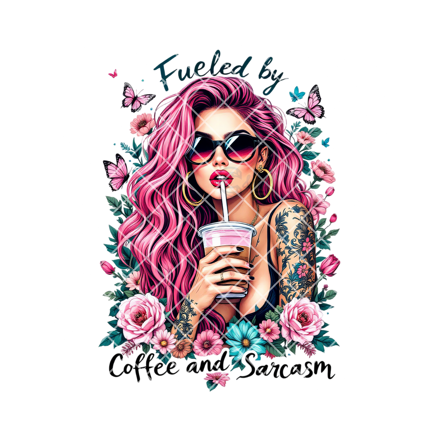 Fueled by coffee babe pink hair PNG