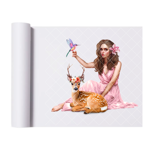 Deer And Bird Babe - Direct Transfer Print, Ready To Press For T-Shirts, Cotton, Polyester & Blends - Tshirt Business Quality