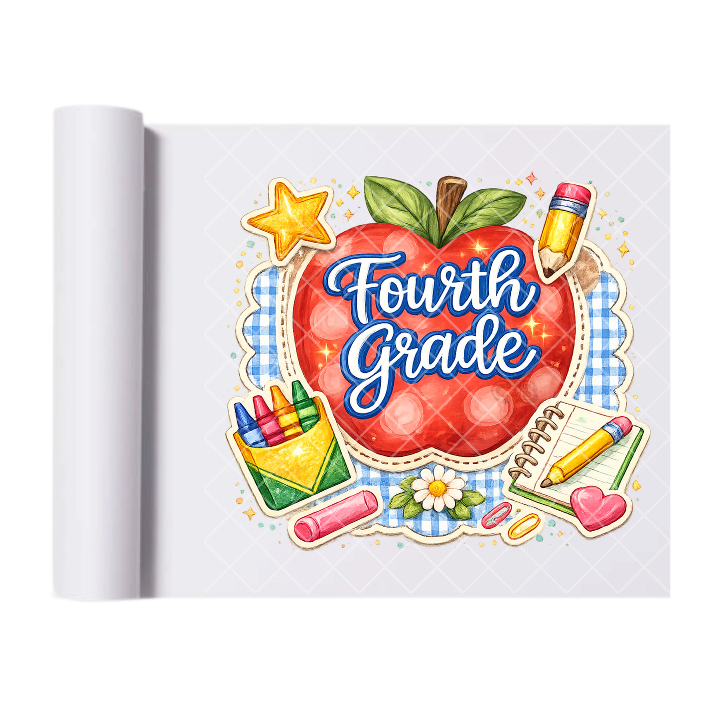 Fourth Grade Apple & Pencils - Direct Print Film Transfer for T-Shirts, Cotton, Polyester & Blends - High-Quality Print