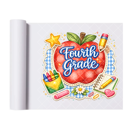 Fourth Grade Apple & Pencils - Direct Print Film Transfer for T-Shirts, Cotton, Polyester & Blends - High-Quality Print