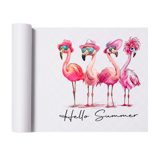Hello Summer Pink Flamingos - Direct Print Film Transfer for Trendy T-Shirts, Cotton, Polyester & Blends - High-Quality Print