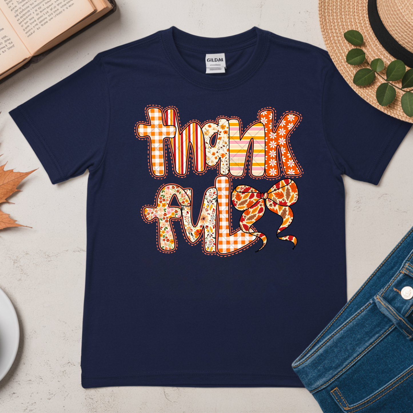 Faux Patch Fall Thankful - Premium Graphic T-Shirt for Casual Wear