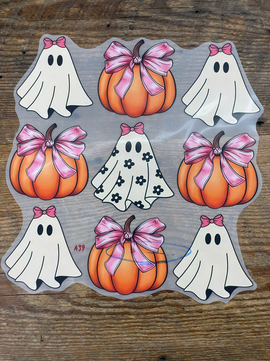 Ghost and Pumpkins with bows #A39 Discount Print