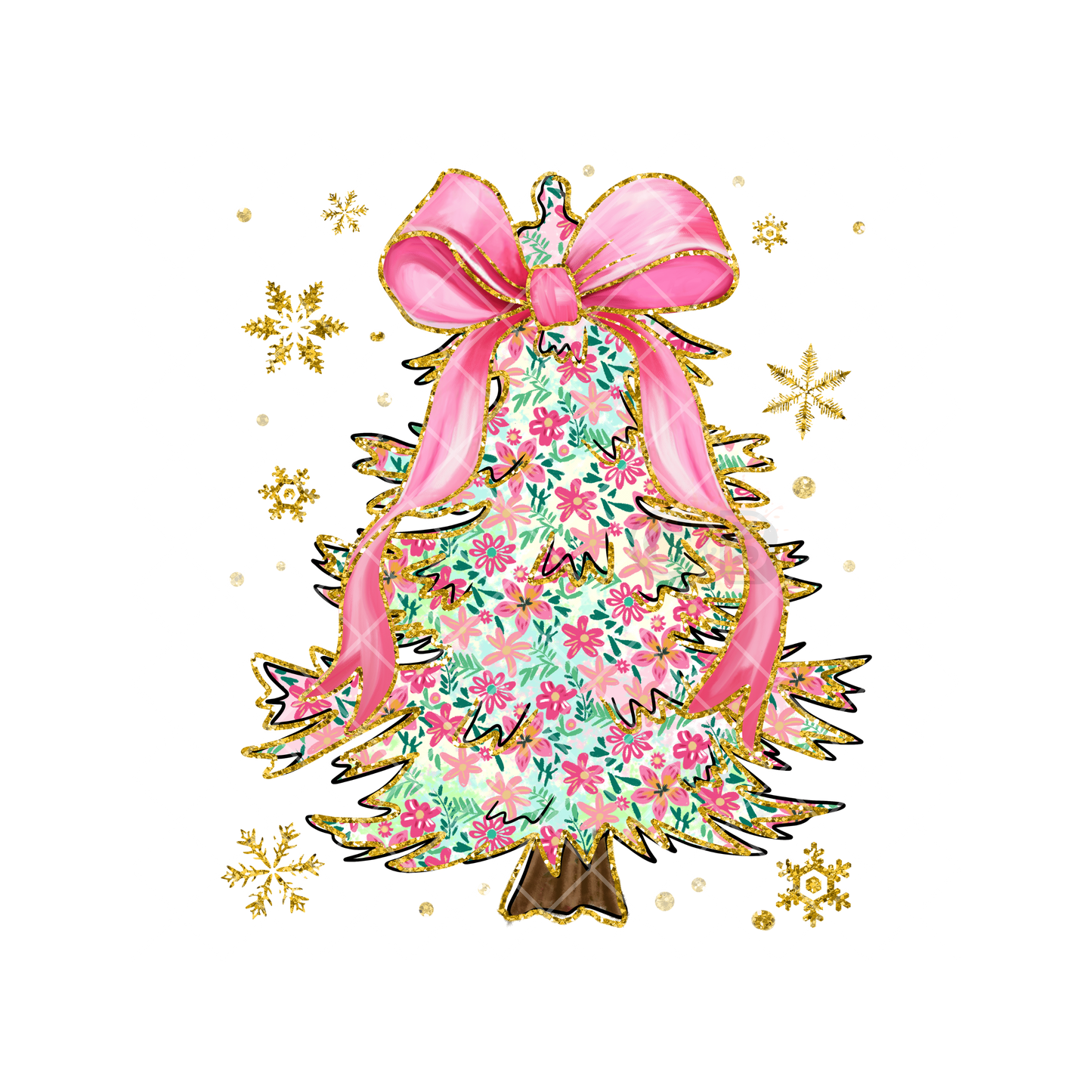 Christmas Tree Pink Bow Floral Pattern PNG