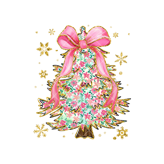 Christmas Tree Pink Bow Floral Pattern PNG