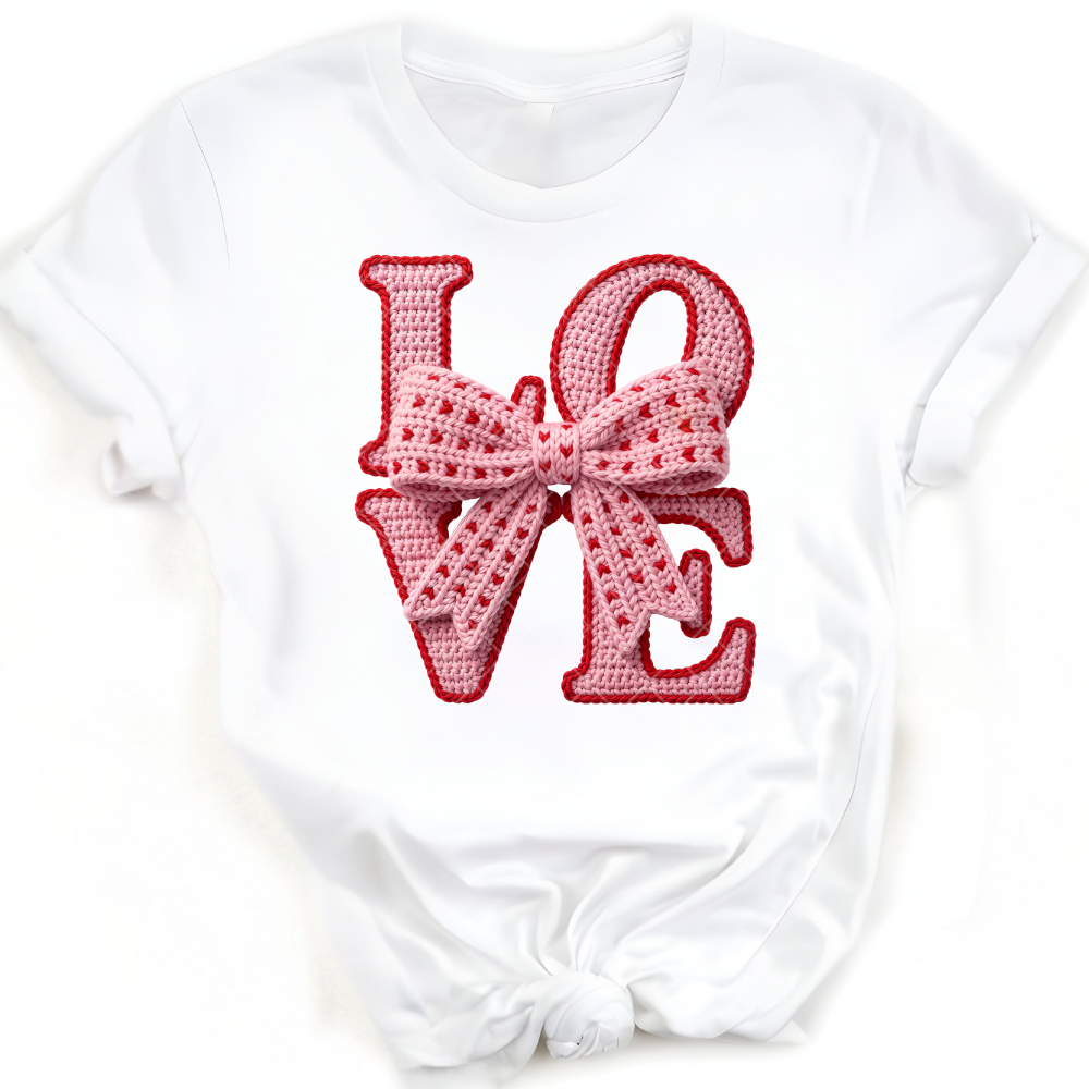 LOVE Lite Pink Bow Faux Yarn - T-Shirt, Premium Graphic, Trendy T-Shirt for Casual Wear
