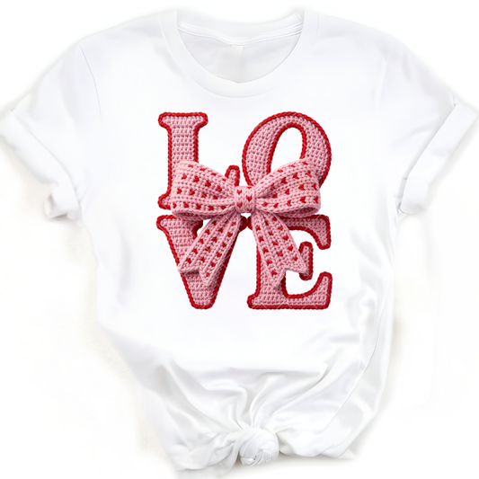 LOVE Lite Pink Bow Faux Yarn - T-Shirt, Premium Graphic, Trendy T-Shirt for Casual Wear